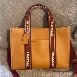 Coach Pebbled Leather Tote in Mustard with Burgundy Branded Straps